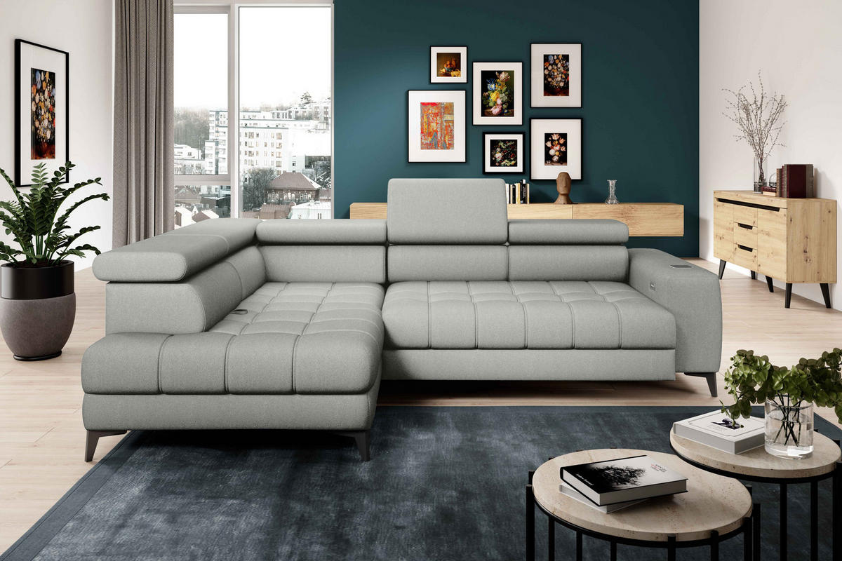 ECKSOFA BAGGIO Letto Stoff, Schlaffunktion, Bettkasten, Sitztiefe, Kopfstützen 280x196cm – Links – Esche - Silberfarben, Holz/Textil (196/280cm) - DomoHome
