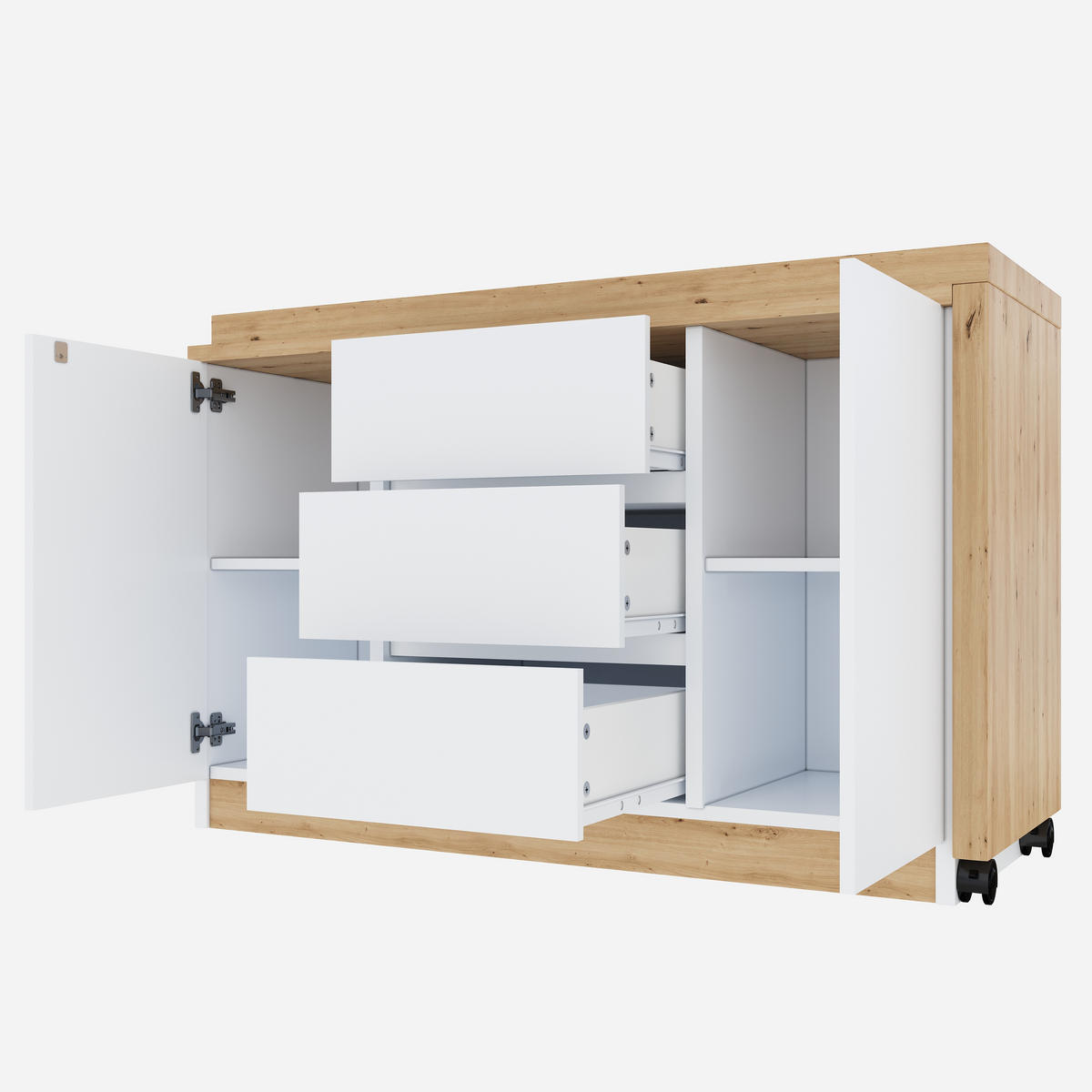 SCHREIBTISCH Rollen drehbar 4cm Tischplatte Weiß Eiche multifunktional - Weiß, Holzwerkstoff (120/50/76.5cm) - FLIEKS