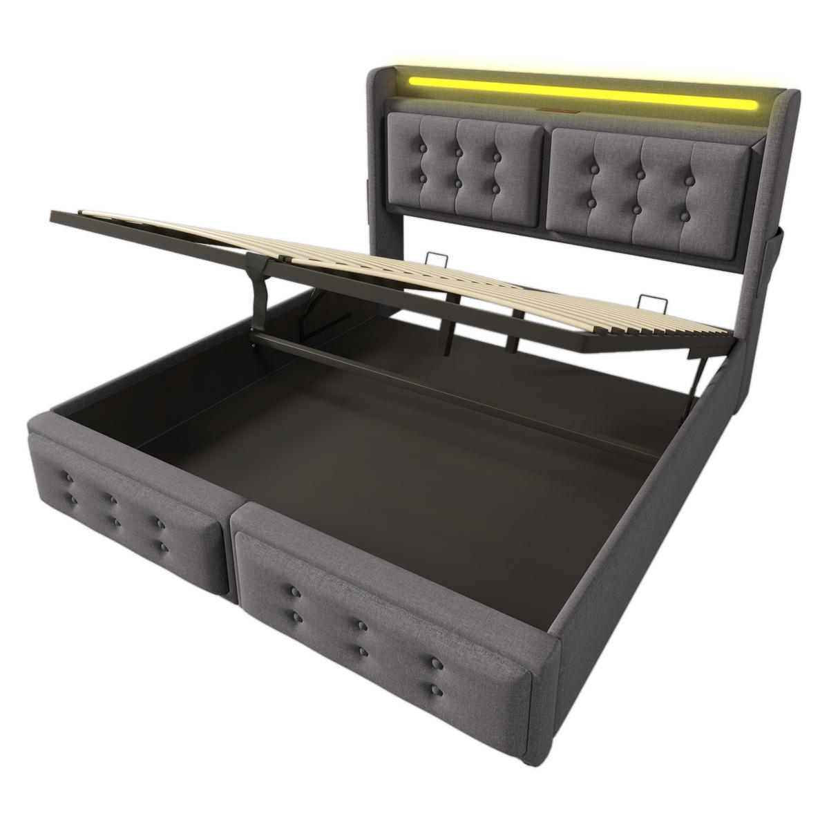 POLSTERBETT 180/200 cm mit Bettkasten, LED & USB/Typ-C-Ladestation, Grau - Grau, Textil (180/200cm) - Redom