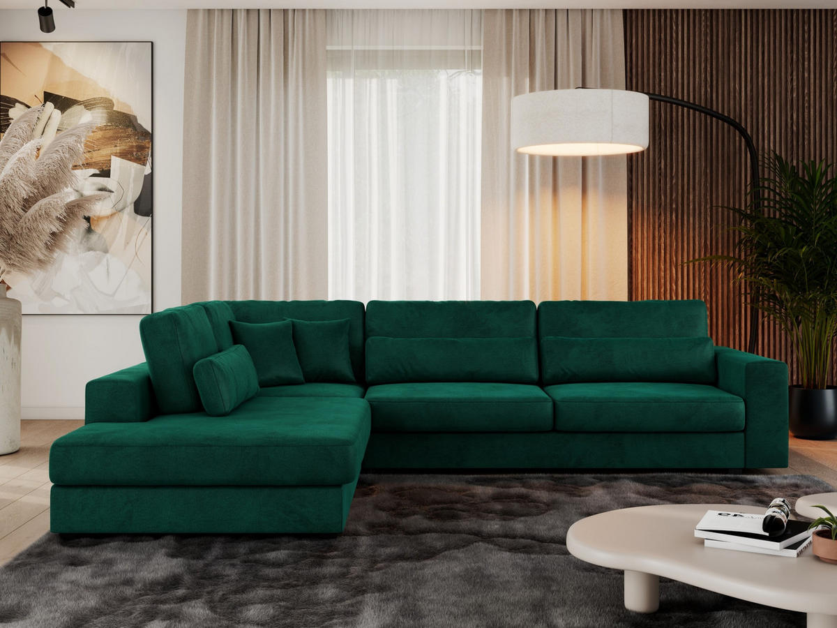 ECKSOFA Savona Dunkelgrün Velvet - links - Dunkelgrün/Schwarz, Kunststoff/Textil (316/249cm) - MKS