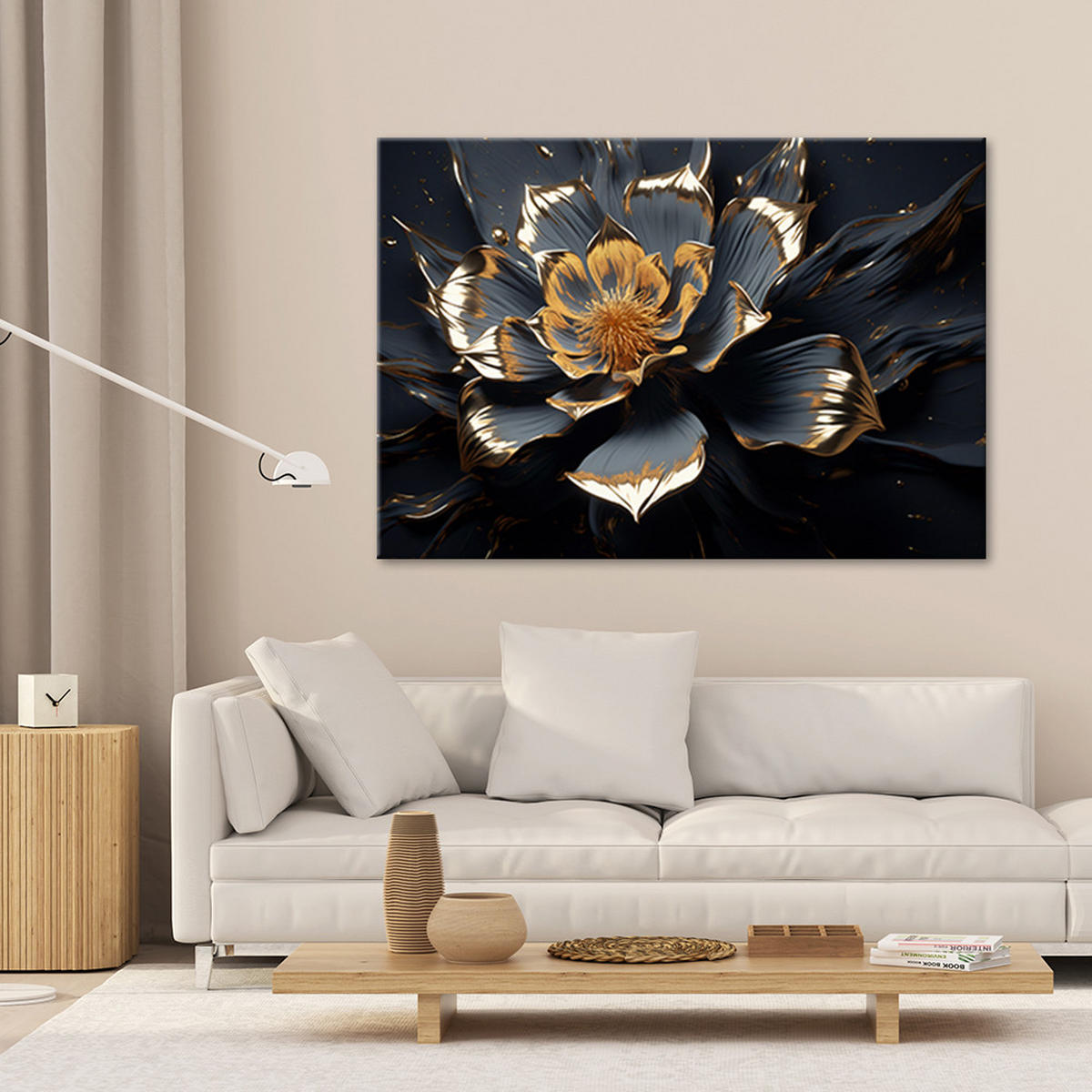 WANDBILD goldene blume abstrakt 3d - Schwarz, Textil (60/40cm) - Feeby