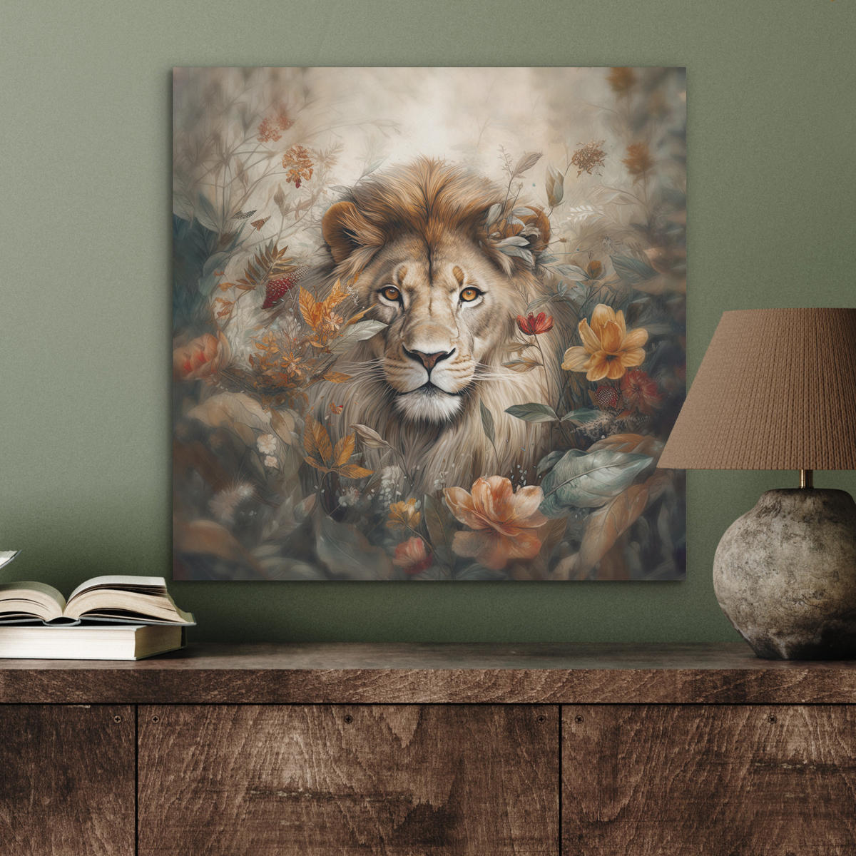 AKUSTIKBILD Löwe - Wildtiere - Pflanzen - Natur - Blumen Wandbilder 60x60 cm - Beige, Kunststoff (60/60/0.9cm) - MuchoWow