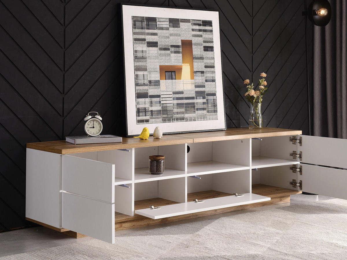 LOWBOARD modernes Design Hochglanz Weiß Holz 5 Türen 180/38/46 cm bis 65 Zoll MDF - Weiß, Glas/Holzwerkstoff (180/46/38cm) - EVRYAE