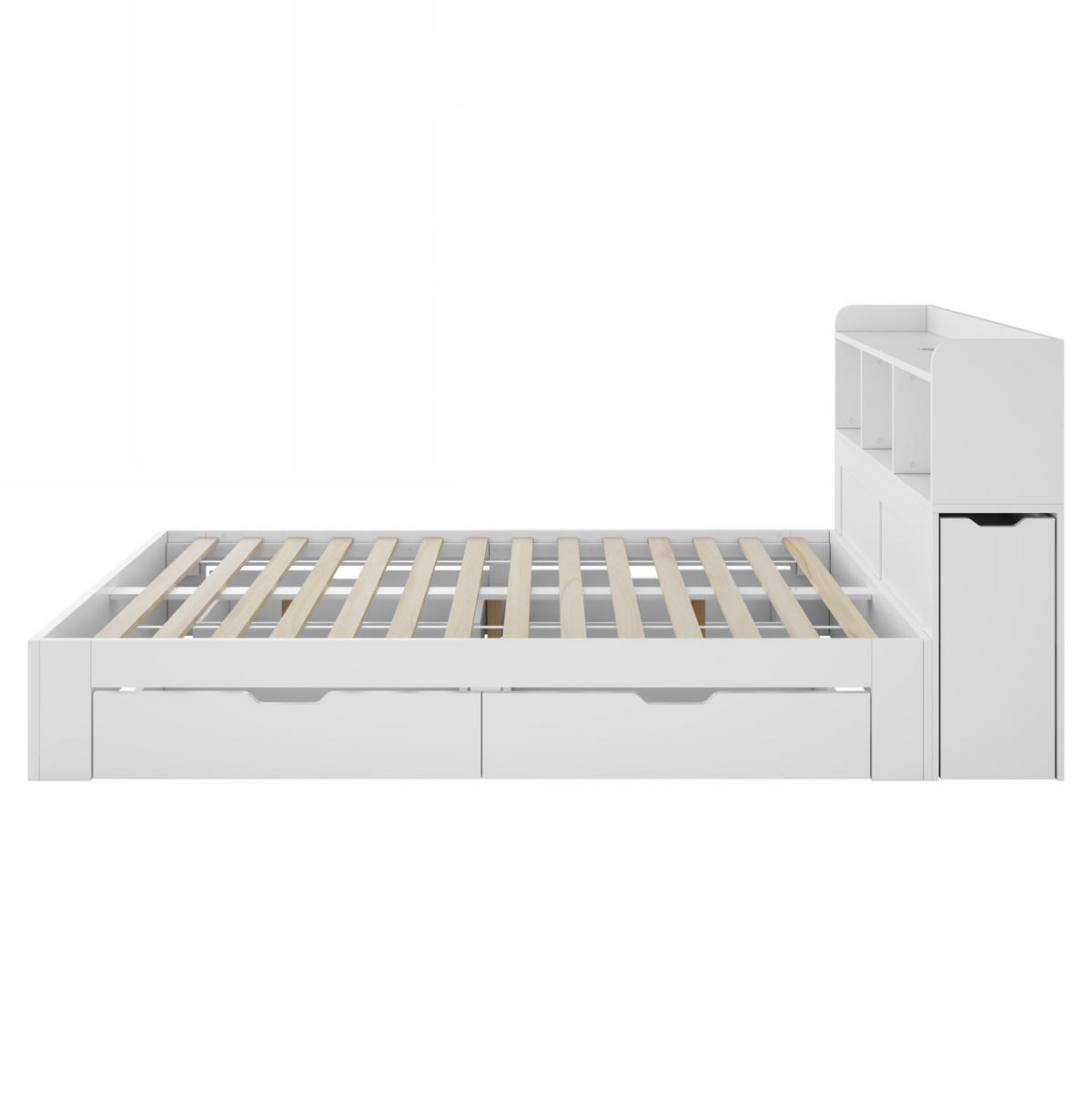 HOLZBETT 140/200 cm mit 4 Schubladen, ausziehbarem Nachttisch und Ladefunktion aus MDF, Weiß - Weiß, Holzwerkstoff (140/200cm) - Redom