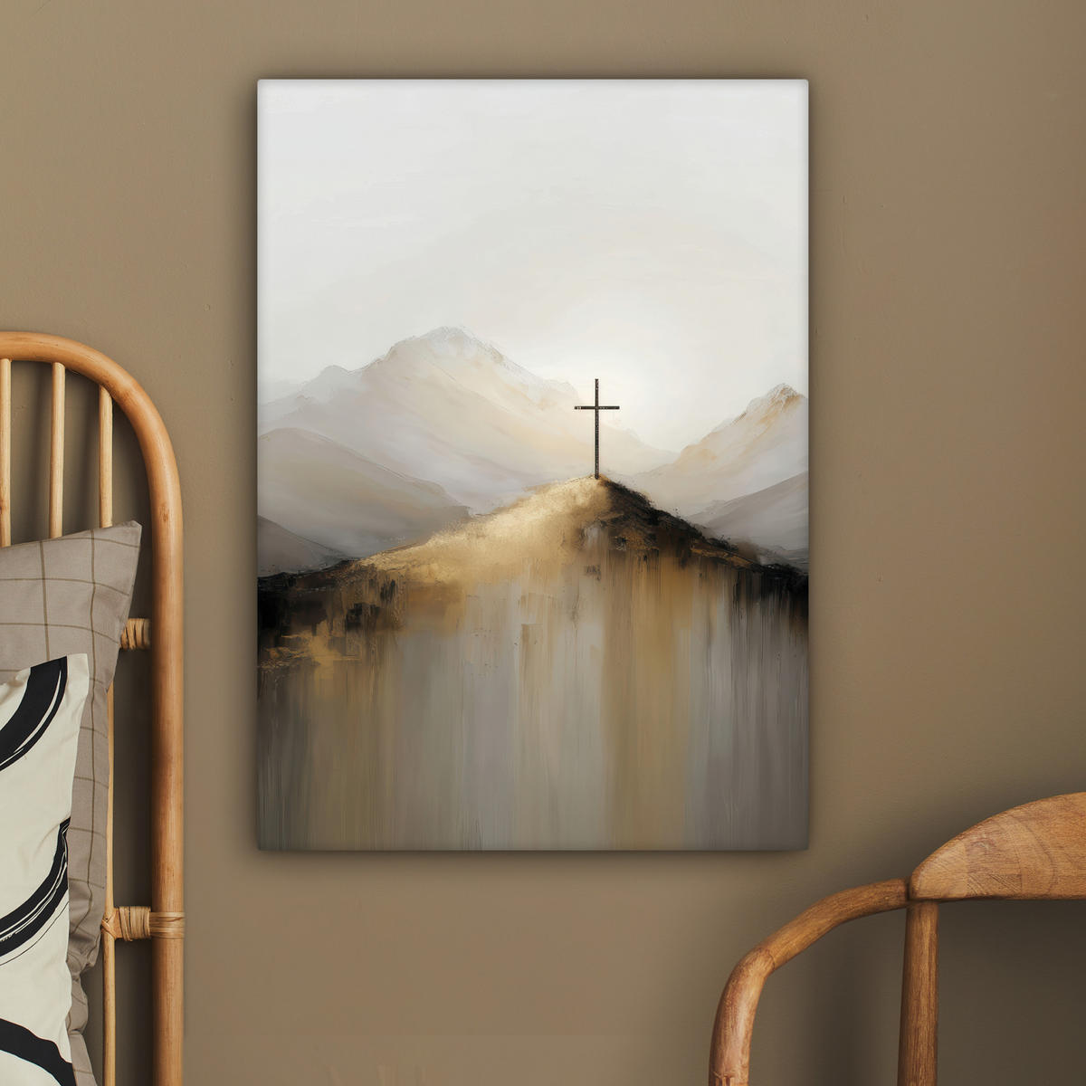 LEINWANDBILD Hügel - Abstrakt - Kreuz - Christentum Wandbild Wohnzimmer 60x80 cm - Beige, Textil (60/80cm) - MuchoWow