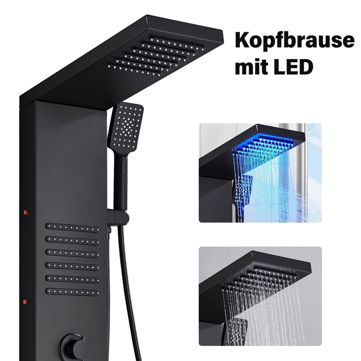 ÜBERKOPFBRAUSESET Schwarz LED Regendusche Massagedüsen - Schwarz, Metall (20/122/46cm) - Kaket