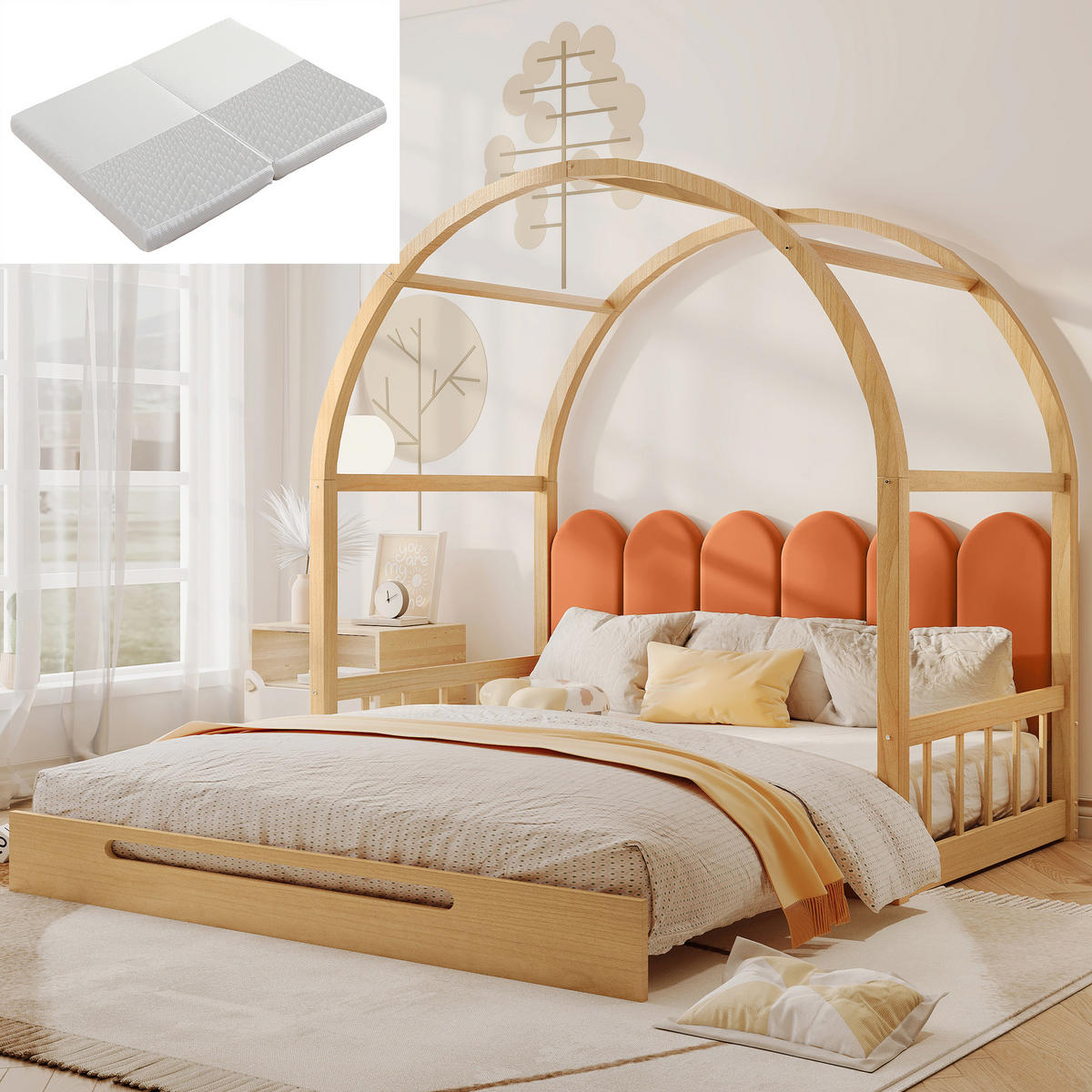 KINDERBETT 140/200 cm Ausziehbar mit Matratze Gewölbtes Dach Natur aus Kiefer - Naturfarben, Holzwerkstoff (140/200cm) - OKWISH