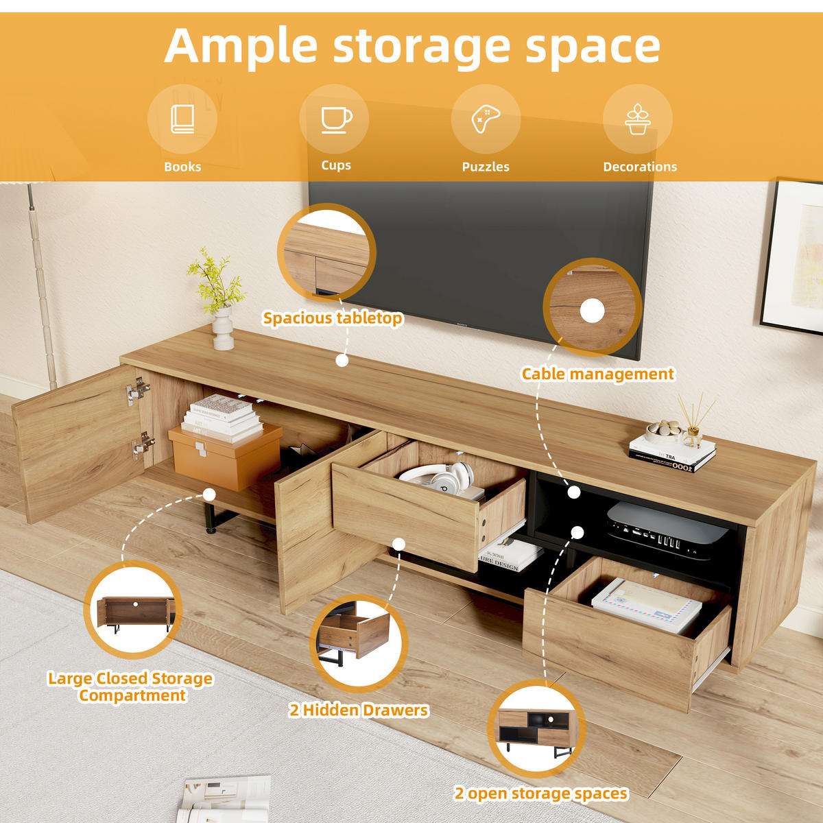 TV-ELEMENT173X38X48CM Naturholzfarbe mit Kabelmanagement für 70ZollTV - Naturfarben, Holz (46.36/27.94/57.15cm) - Raelunyi