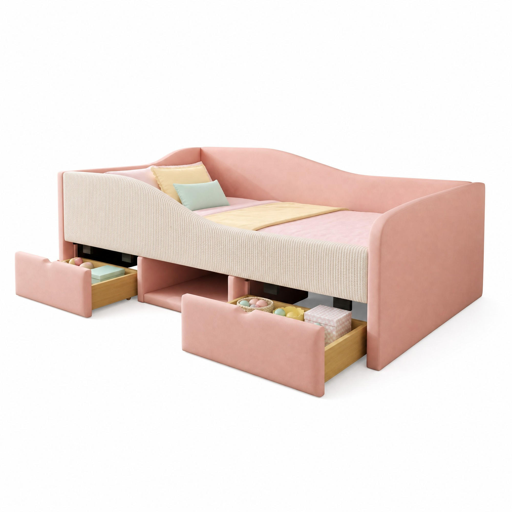 KINDERBETT 90/190 cm in Rosa & Cremeweiß mit Schubladen, Stauraum und Schutzgitter aus Samt - Weiß/Rosa, Holzwerkstoff/Textil (90/190cm) - CHICFURN