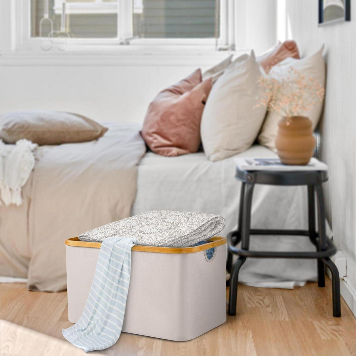 WÄSCHEKORB 68L Beige Stoff Bambus Faltbar mit Henkel - Beige, Naturmaterialien (34/37/54cm)