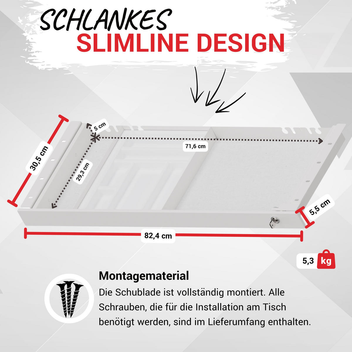 SCHUBLADE DeskDrawerPro 30,5/82,4/5,5 cm in Weiß - Weiß, Metall (30.5/82.4/5.5cm) - bümö