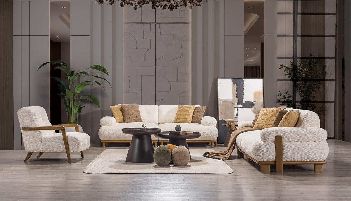 SITZGARNITUR Bully Creme Stellvariante:3+3+1 - Creme, Holz/Textil (230/85/100cm) - Villa Möbel