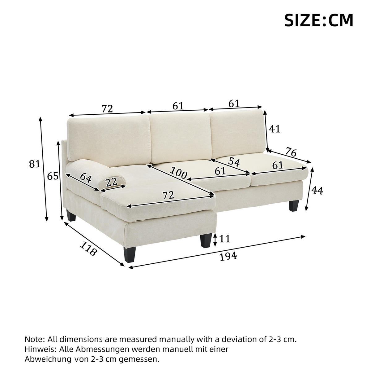 ECKSOFA L-Form, Stoff mit bequemer Polsterung, 194/118/81 cm, Beige - Beige, Textil (118/194cm) - Redom