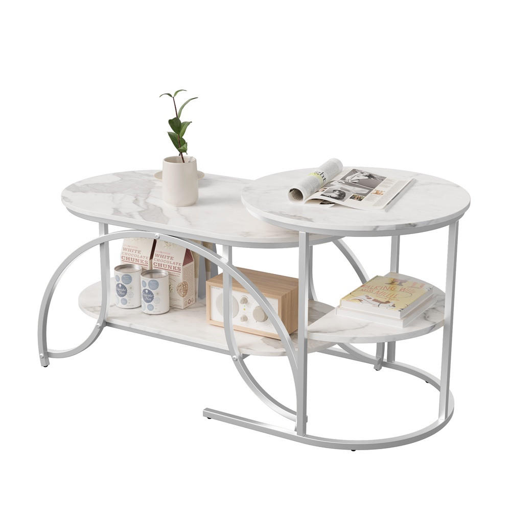 COUCHTISCH 2er-Set - Ovaler und Runder Beistelltisch mit Ablage in Marmoroptik - Weiß und Silber - Weiß, Holzwerkstoff (46/80/45cm) - DELFA