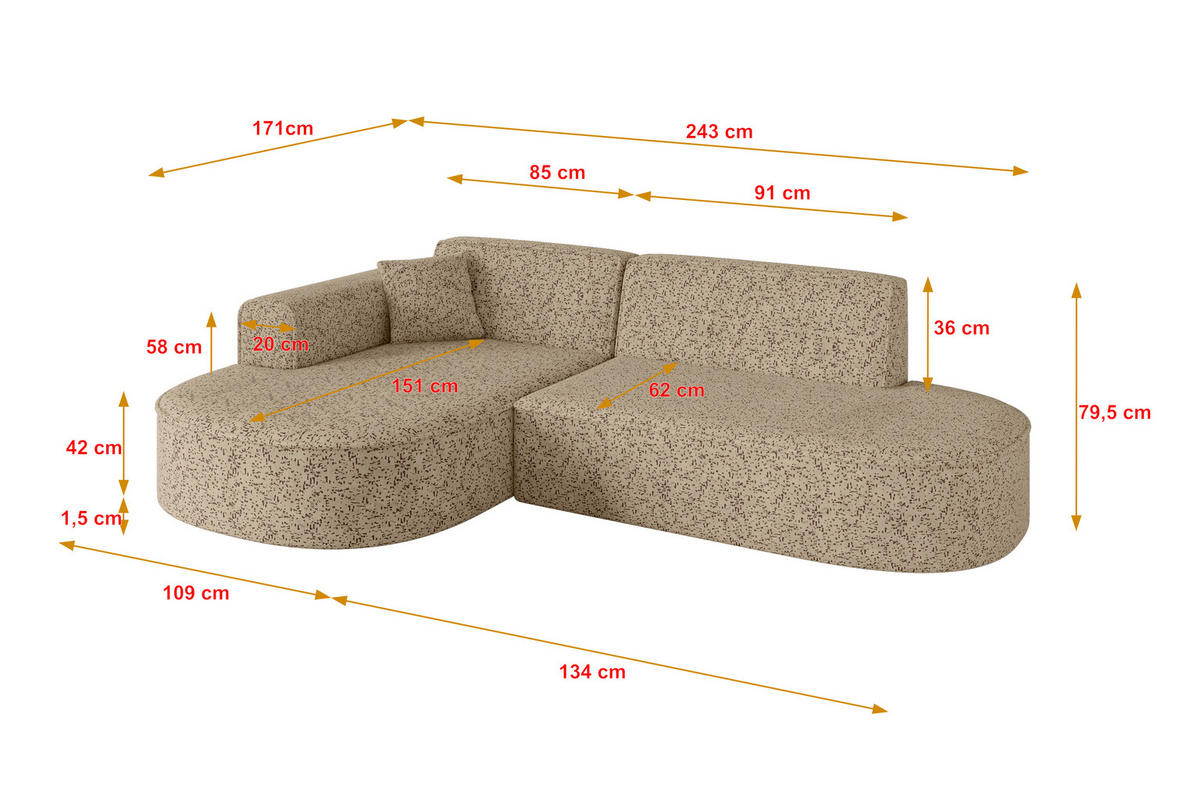 ECKSOFA Ottomane Links MARI-L1 - 243x171x79 cm Braun Tissu - Schwarz/Braun, Holzwerkstoff/Kunststoff (243/171cm) - ALTDECOR