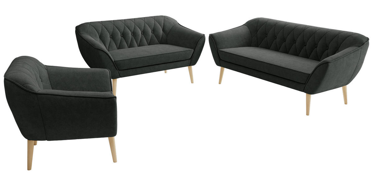 SEDACIA ZOSTAVA 3+2+1 PIRS - Tmavosivá Štruktúrovaná látka - Drevené nohy - farba buka/grafitová, kompozitné drevo/textil (180/75/74cm) - MKS
