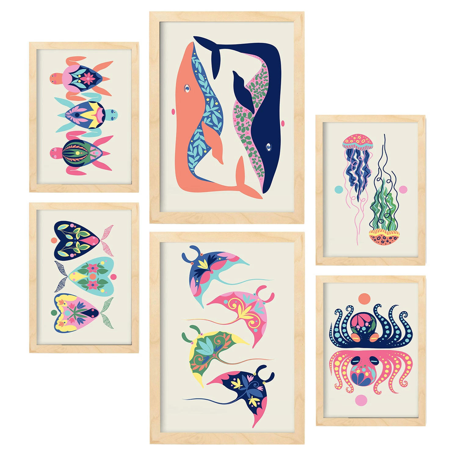 POSTER Set Mit 6 Wasserkreaturen In Tiere Zusammenfassungen A3 & A4 Rahmen Aus Hellem Holz - Beige, Papier (29/3cm) - Nacnic