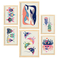 POSTER Set Mit 6 Wasserkreaturen In Tiere Zusammenfassungen A3 & A4 Rahmen Aus Hellem Holz - Beige, Papier (29/3cm) - Nacnic