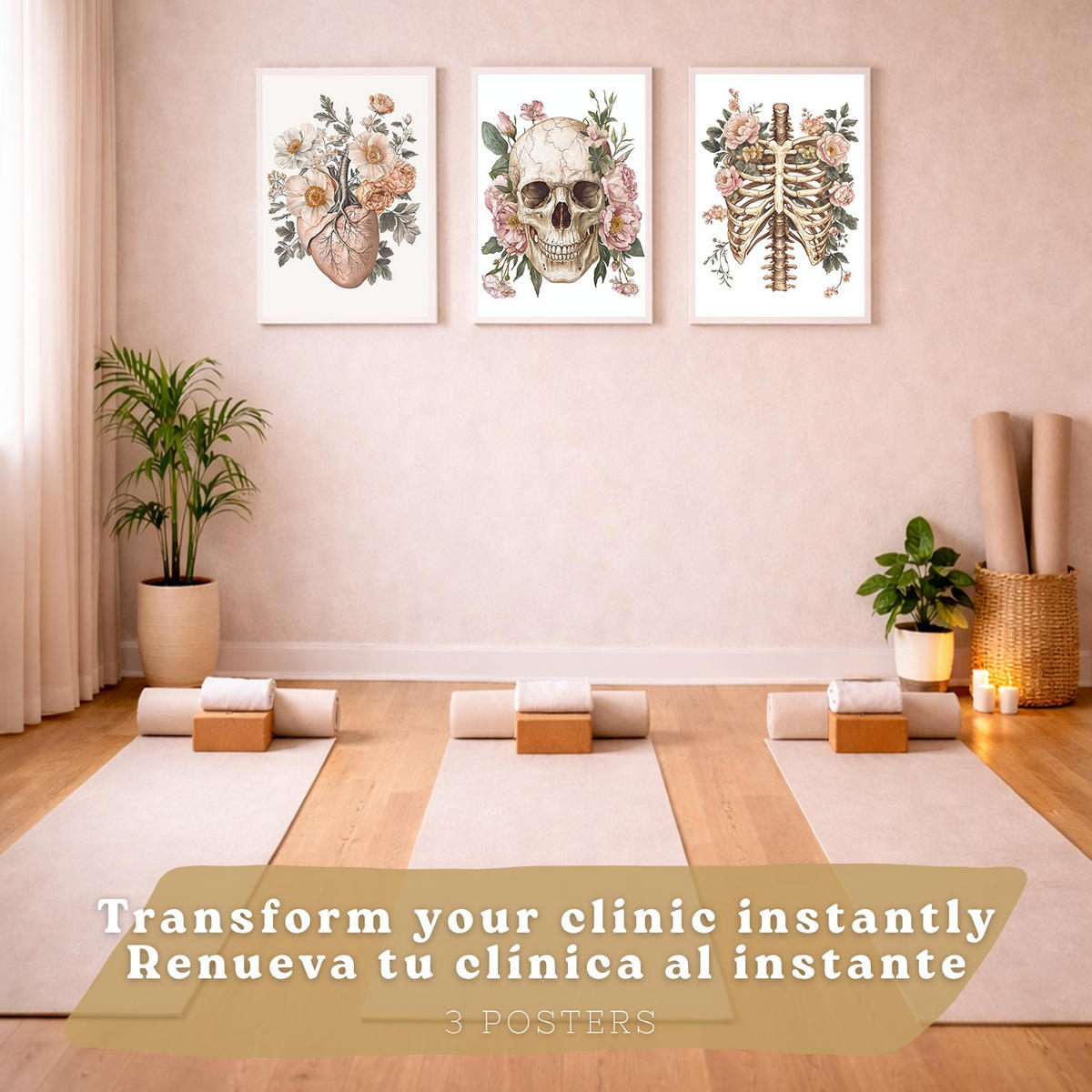POSTER Set aus 3 Anatomie Mensch Florale Drucke und Wandbilder mit Herz Schädel und Brustkorb Weicher Vintage Stil Größe Weißer Rahmen A4 - Weiß, Papier (21/29.7/3cm) - Nacnic