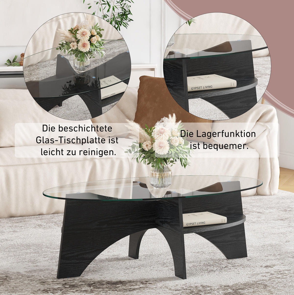 COUCHTISCH / Beistelltisch 104,9/60/35,6 cm oval mit Glasplatte in Schwarz - Schwarz, Holzwerkstoff (104.9/60/35.6cm) - BEAOK
