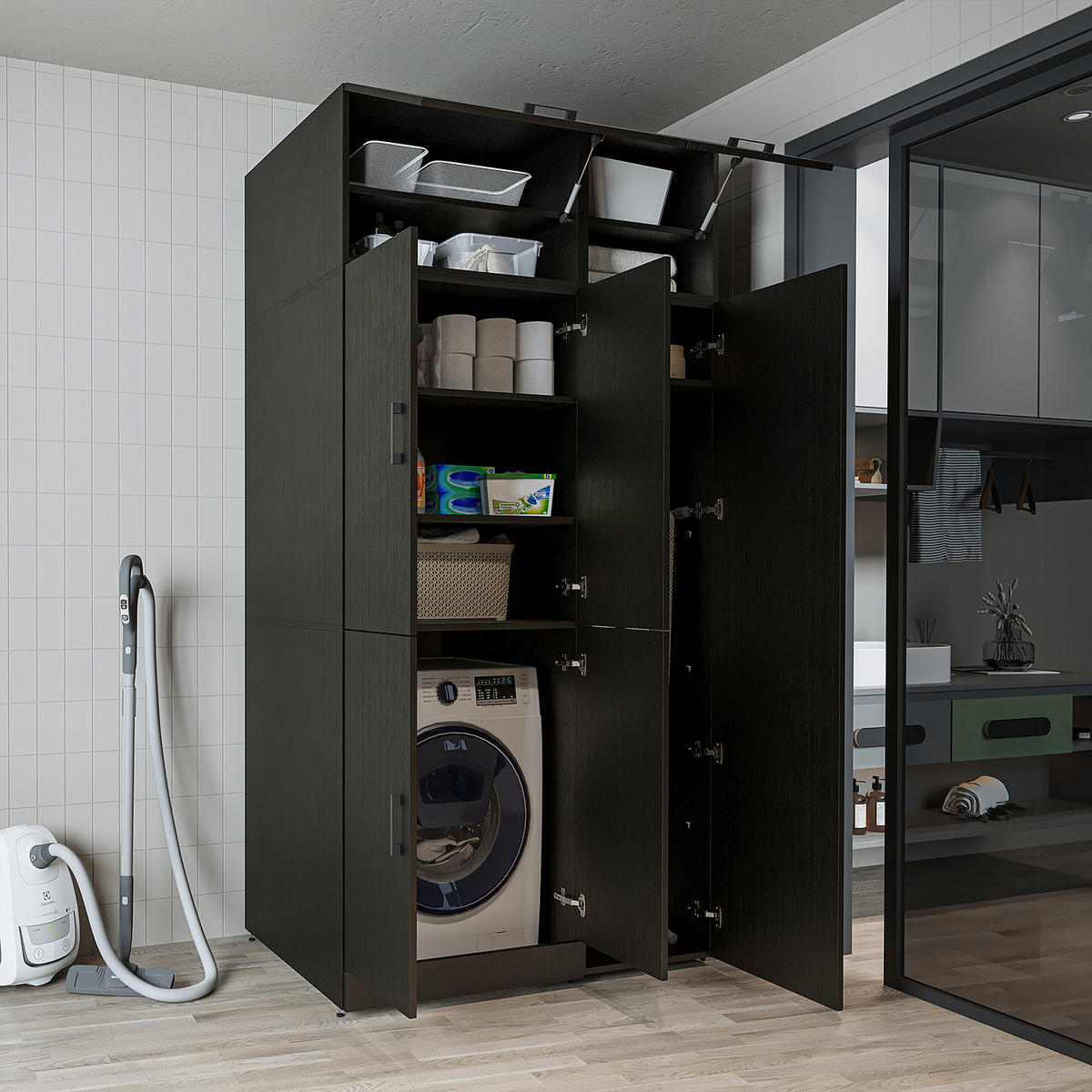 WASCHMASCHINENSCHRANK DORA-II 115cm Breit, 230cm Hoch - Schwarz, Holzwerkstoff (115/230/73.8cm)