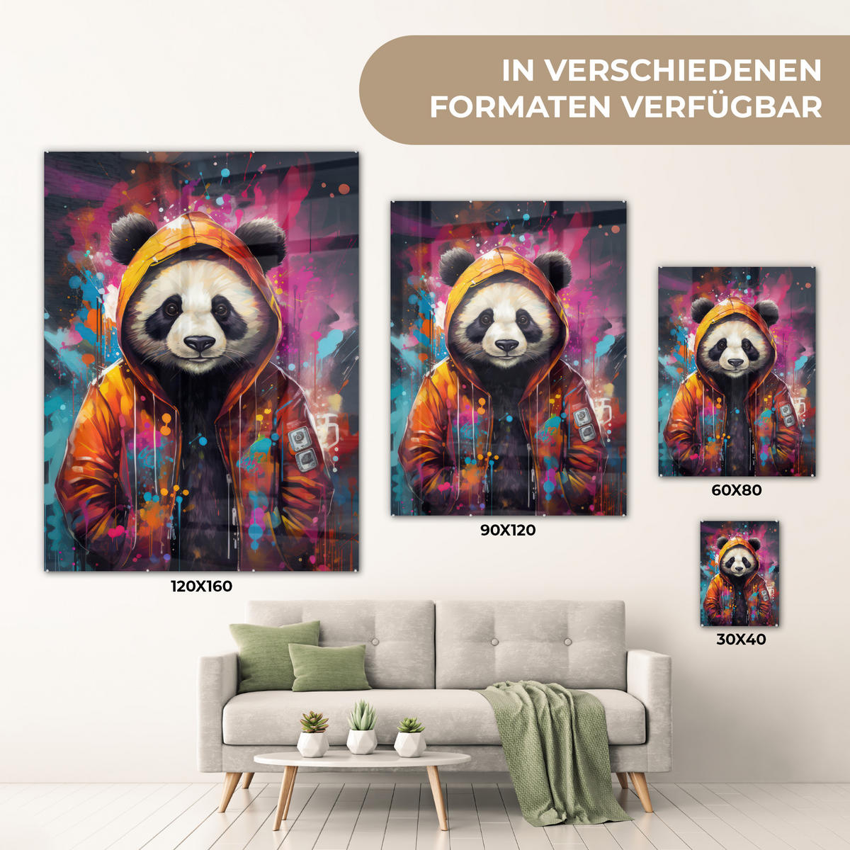 ACRYLGLASBILD Panda - Jacke - Graffiti - Orange 60x80 cm - Orange, Glas (60/80cm) - MuchoWow