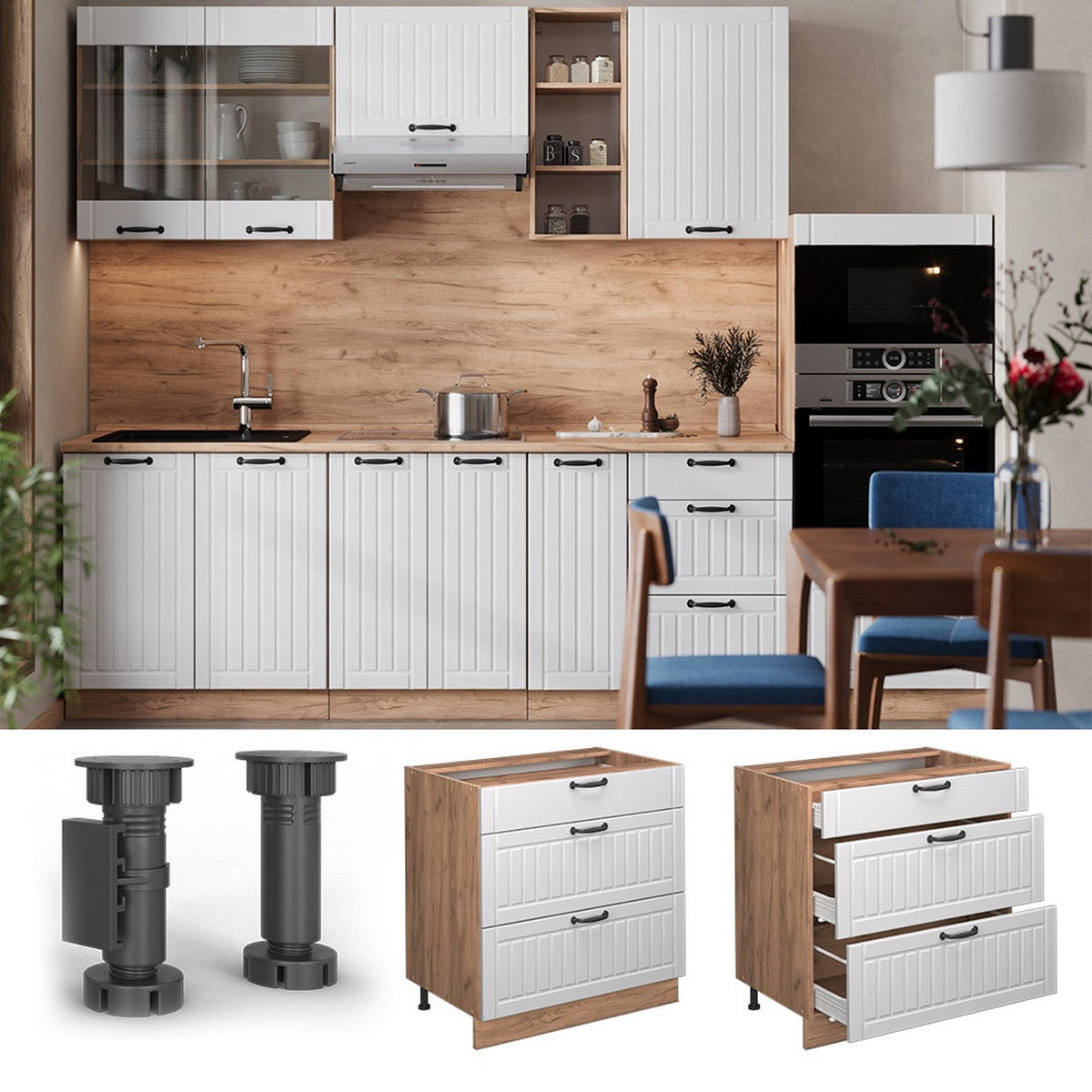 KÜCHENUNTERSCHRANK Fame-Line Weiß Landhaus 80 cm mit 3 Schubladen, AP Anthrazit - Honigeiche/Weiß, Holzwerkstoff (80/82/60cm) - Vicco