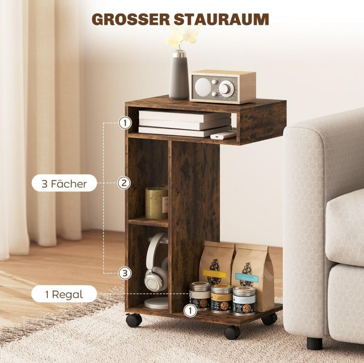 BEISTELLTISCH in C-Form mit Rollen 40 x 30 x 69 cm Rustikalbraun - Braun, Holz (30/69/40cm) - Beauniv