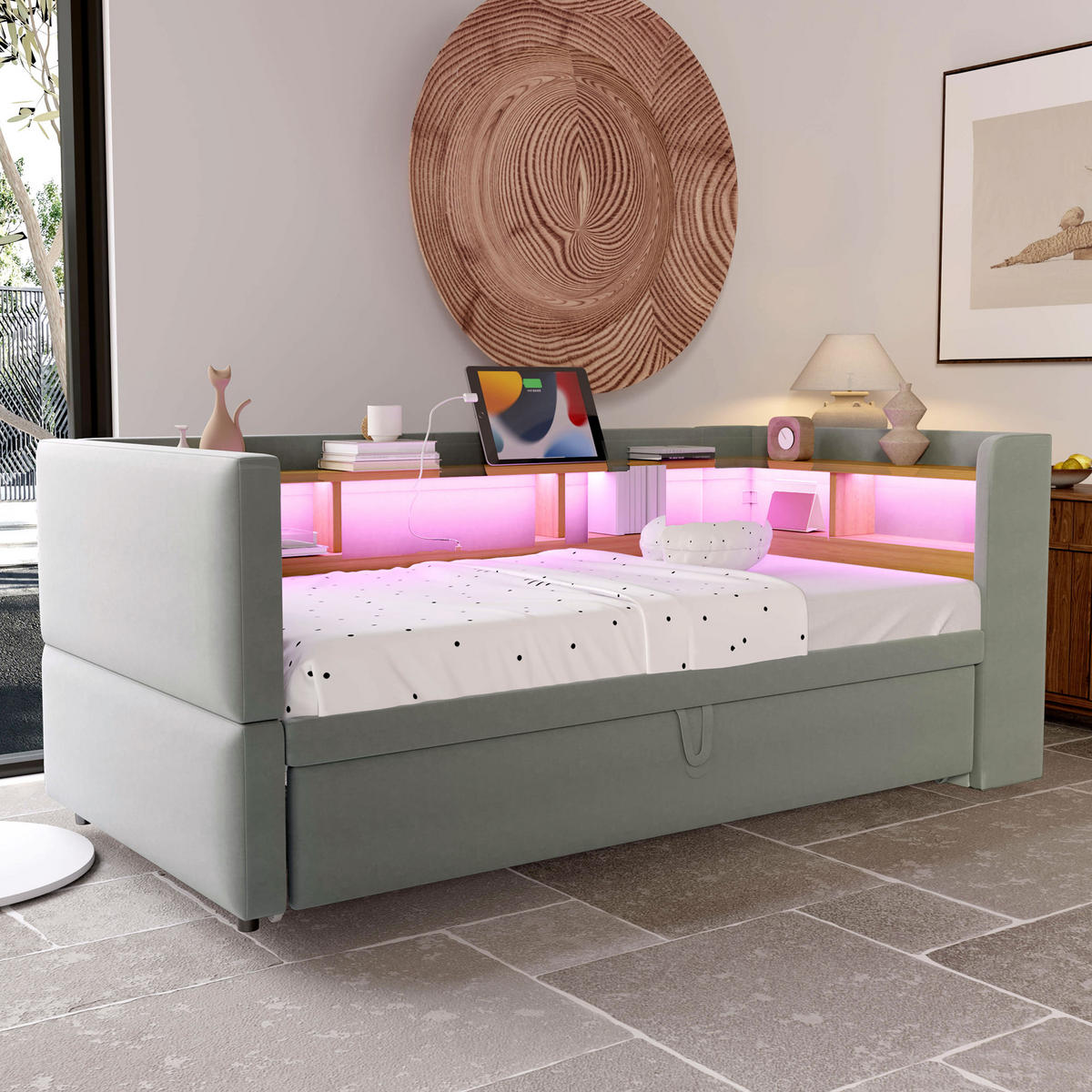 SCHLAFSOFA ausziehbar 90/180x190 cm Flanell Hellgrau - Hellgrau, Metall (90/190cm) - Meubliv