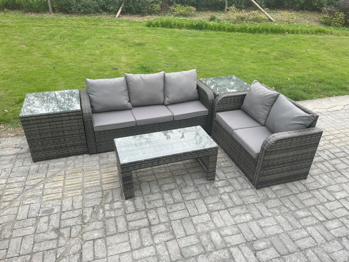 GARTENMÖBEL SET mit Sofa Polyrattan 5-Sitzer Dunkelgrau - Dunkelgrau/Grau, Glas/Kunststoff - Fimous