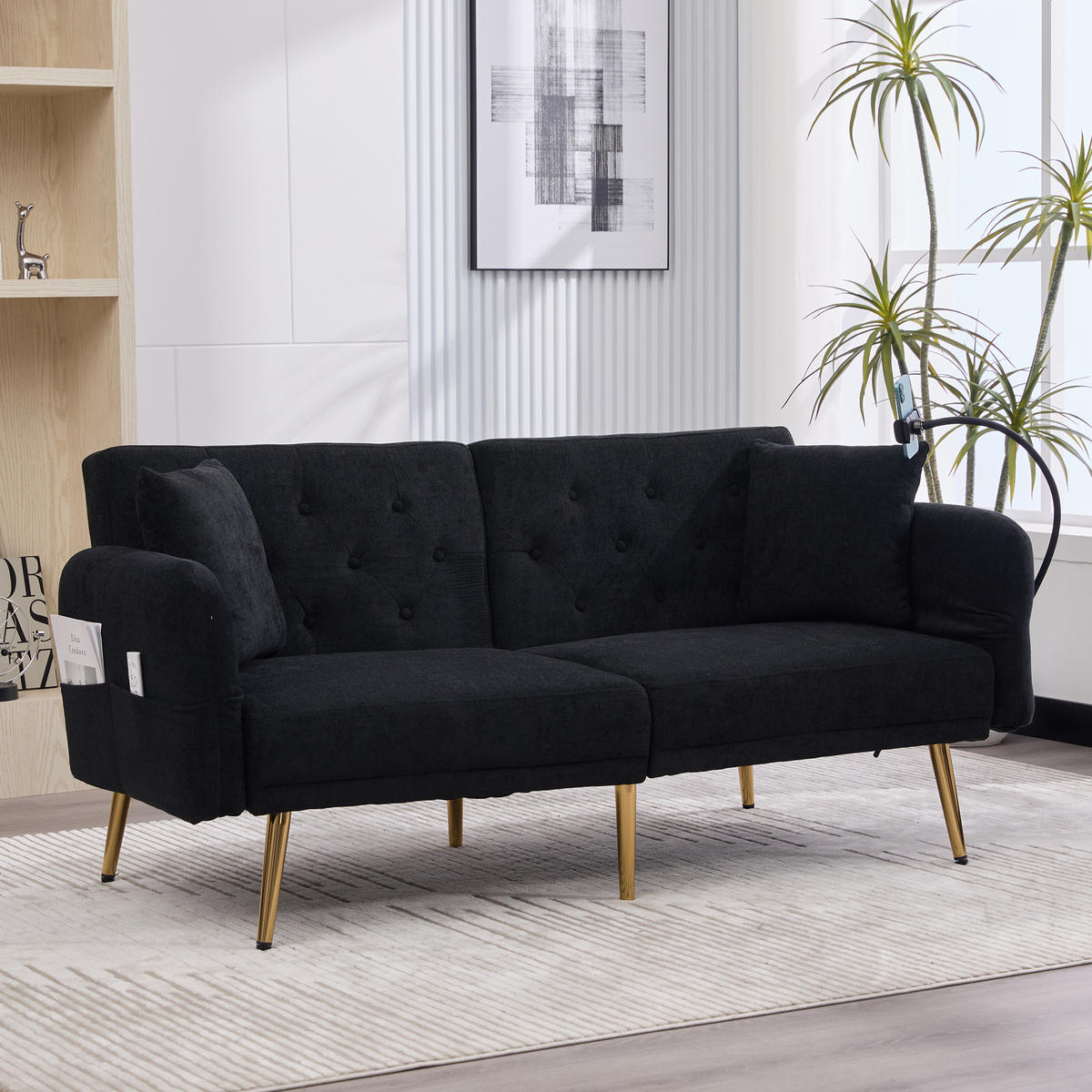 SCHLAFSOFA mit verstellbarer Rückenlehne und USB-Anschlüssen Schwarz Chenille 173/78/78 cm - Schwarz, Textil (173/78/78cm) - OKWISH