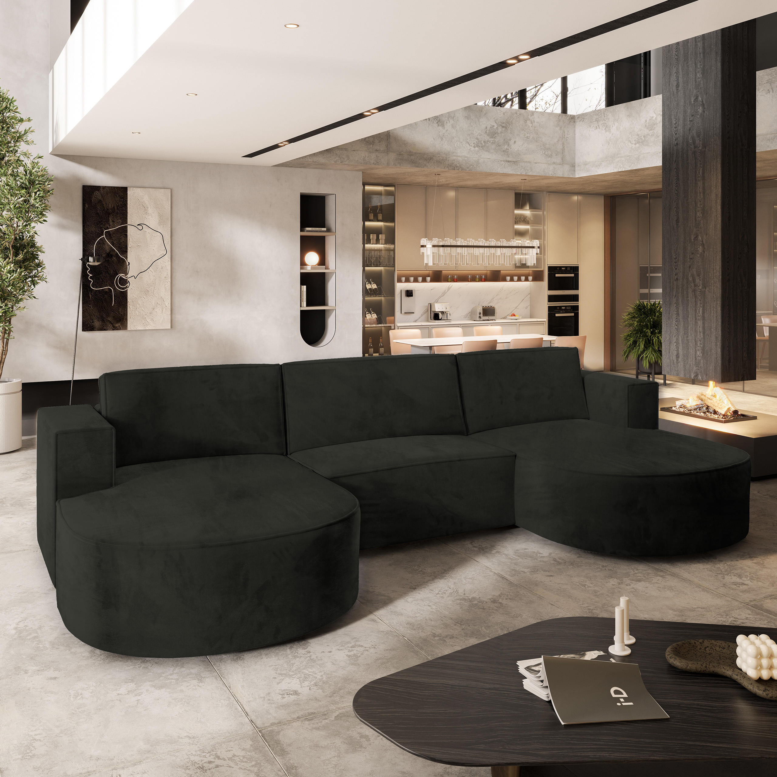 WOHNLANDSCHAFT VEZZO M Schwarz Velours-Stoff mit Schlaffunktion - Schwarz, Holz (347/85/174cm) - MASSENO