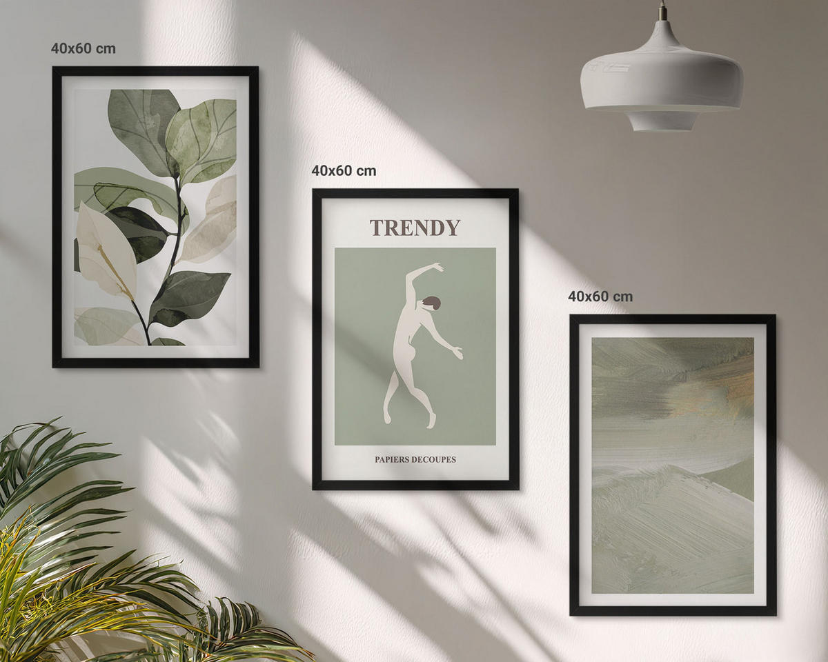 WANDBILDER 3er-Set - 40x60 cm Schwarzer Rahmen - Abstrakte Pflanzensilhouettenmuster - Schwarz, Kunststoff (40/60cm) - ArtPrintCave