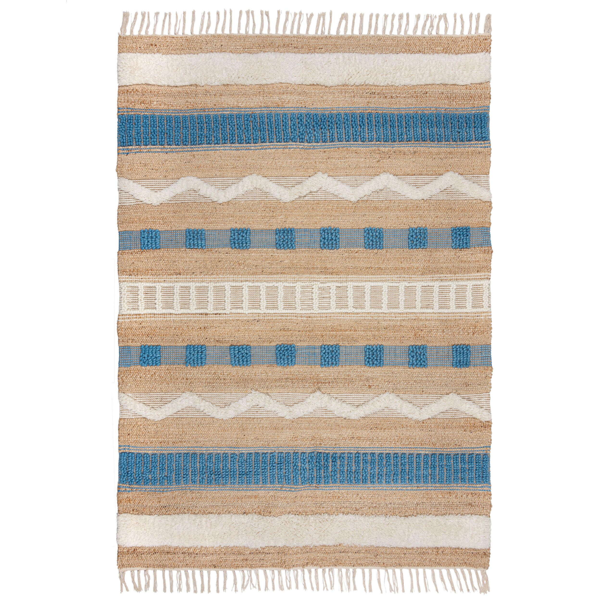 TEPPICH Hoch-Tief Struktur Gestreift, Ethno-Stil, mit Fransen wendbar, Esszimmer Natur-Blau Rechteckig 160x230 - Blau, Textil (160/230cm) - KADIMA DESIGN