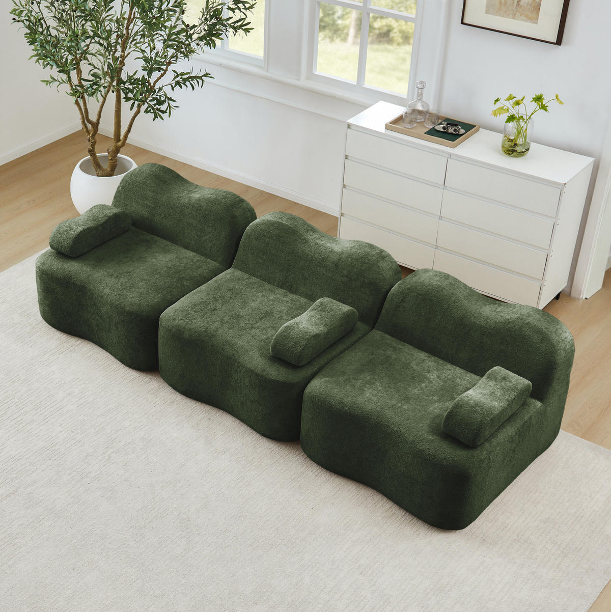 MODULARES 3-Sitzer Sofa mit tiefer Sitzfläche, Wellenform und Samtbezug, Grün - Grün, Textil (288/70/98cm) - Redom