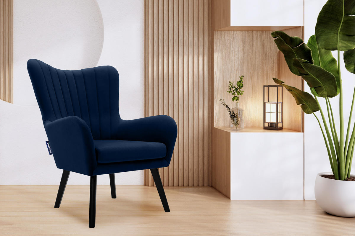 OHRENSESSEL GADI Velourstoff, Marineblau - Schwarz/Dunkelblau, Holz/Textil (76/100/78cm) - KONSIMO®