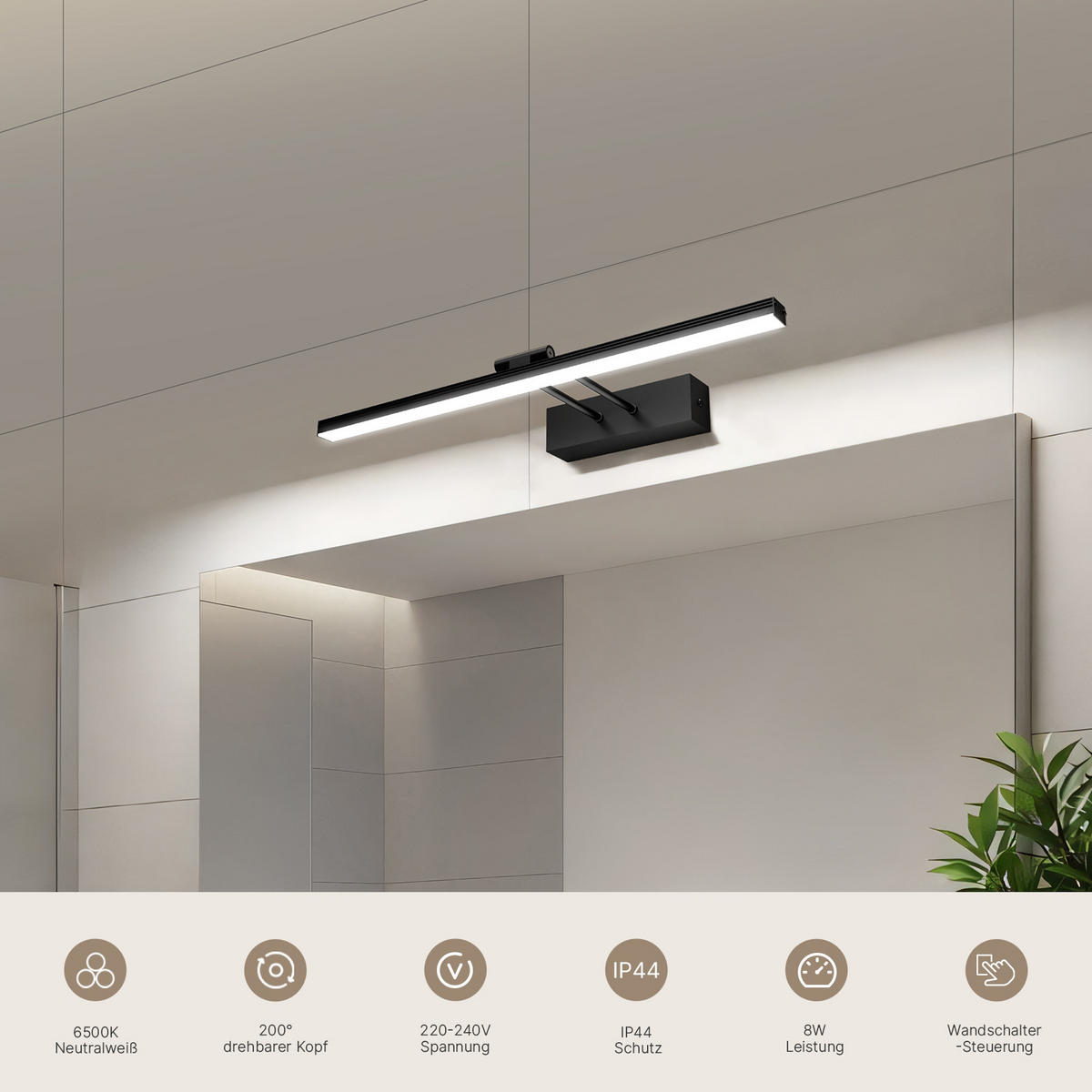 SPIEGELLEUCHTE LED Schwarz 6500K 40/16/4 cm - Schwarz, Kunststoff (4/40/16cm) - EMKE