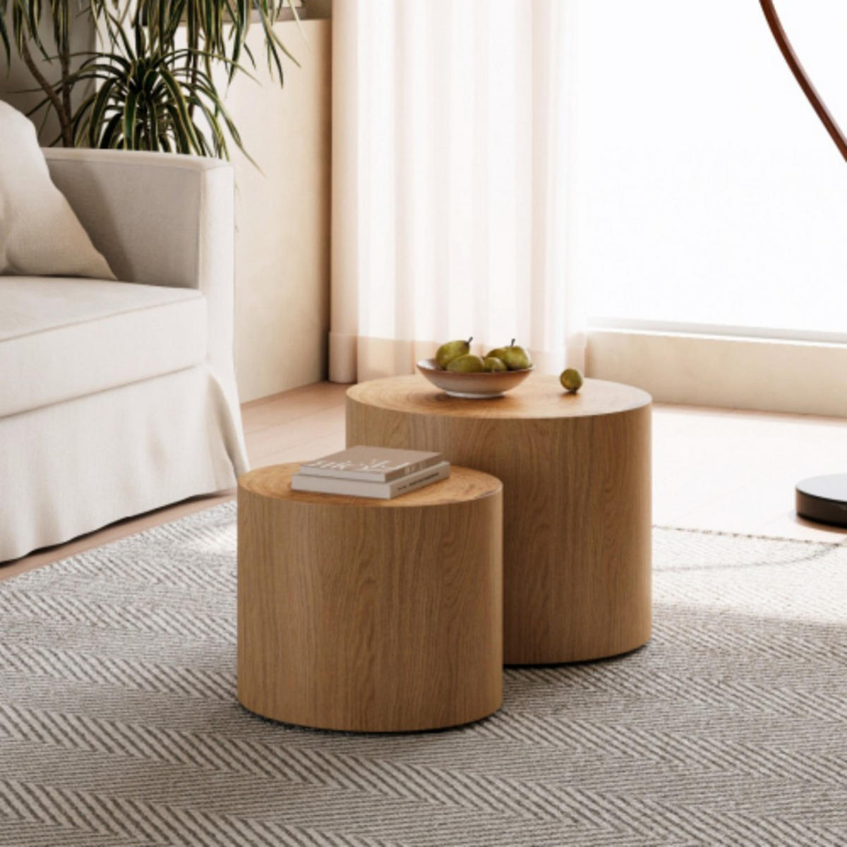 COUCHTISCHE 2er Set runde Nesting-Tische aus Naturholz mit echter Baumring-Optik – platzsparender Beistelltisch für Wohnzimmer, Schlafzimmer, Balkon & - Eukalyptusholzfarben, Holzwerkstoff (48/48/38cm)