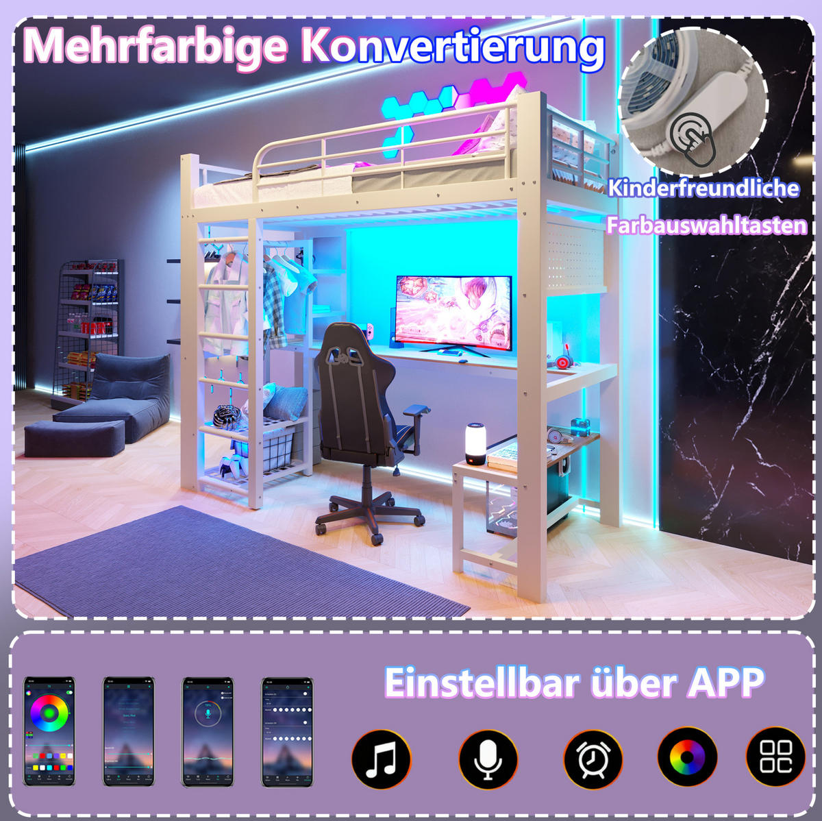 HOCHBETT 90x200 cm in Weiß mit Schreibtisch, LED-Beleuchtung und Stauraum - Weiß, Metall (90/200cm) - IVMEU