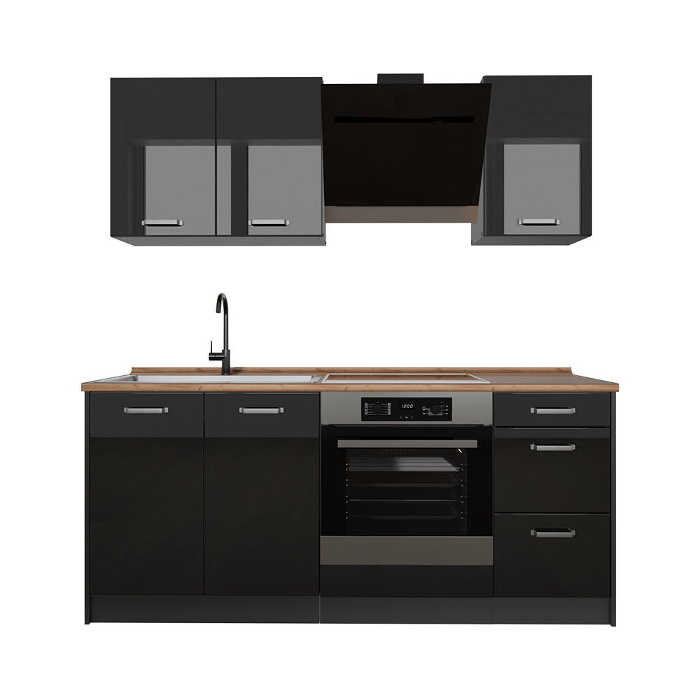 SINGLEKÜCHE R-Line, Schwarz Hochglanz/Anthrazit, 180 cm Arbeitsplatte Goldkraft Eiche - Schwarz Hochglanz/Anthrazit, Holzwerkstoff (180/206.8/60cm) - Vicco