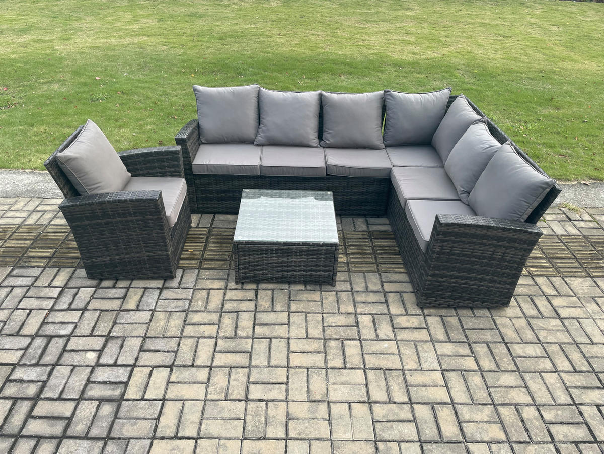 LOUNGEGARNITUR mit Couchtisch Sofa Polyrattan Dunkelgrau 7-Sitzer - Dunkelgrau/Grau, Glas/Kunststoff - Fimous