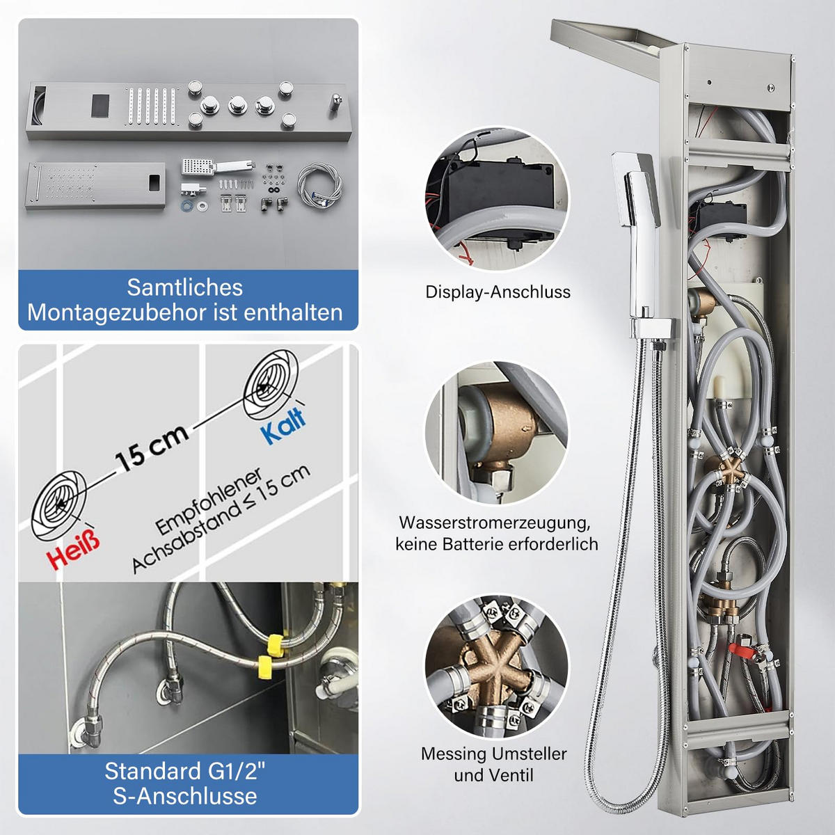 ÜBERKOPFBRAUSESET Edelstahl Hydromassage LED Digitalanzeige Silber - Silberfarben, Metall (16/121/39cm) - Kaket