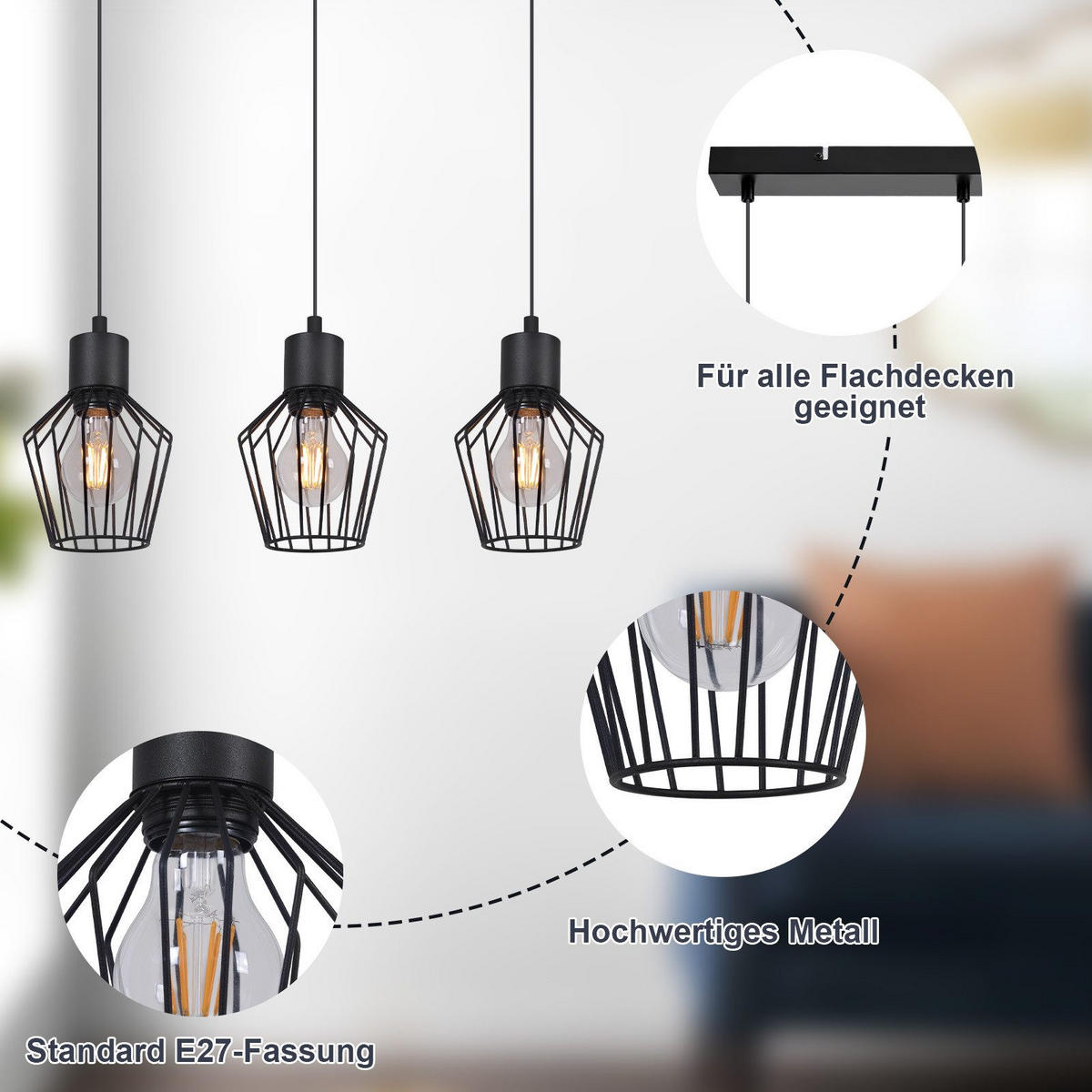 HÄNGELEUCHTE Ziel 3-flammig 50/12/150 cm - Schwarz, Metall (50/12/150cm) - Nettlife