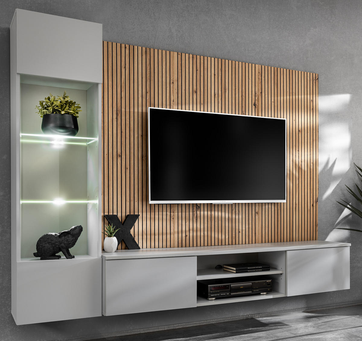 WOHNWAND hellgrau, Eiche Artisan 200 cm, Schrankwand inklusive Beleuchtung und Push-to-Open - Hellgrau/Eiche Artisan, Glas/Holzwerkstoff (200/148/35cm) - Inn.Furn