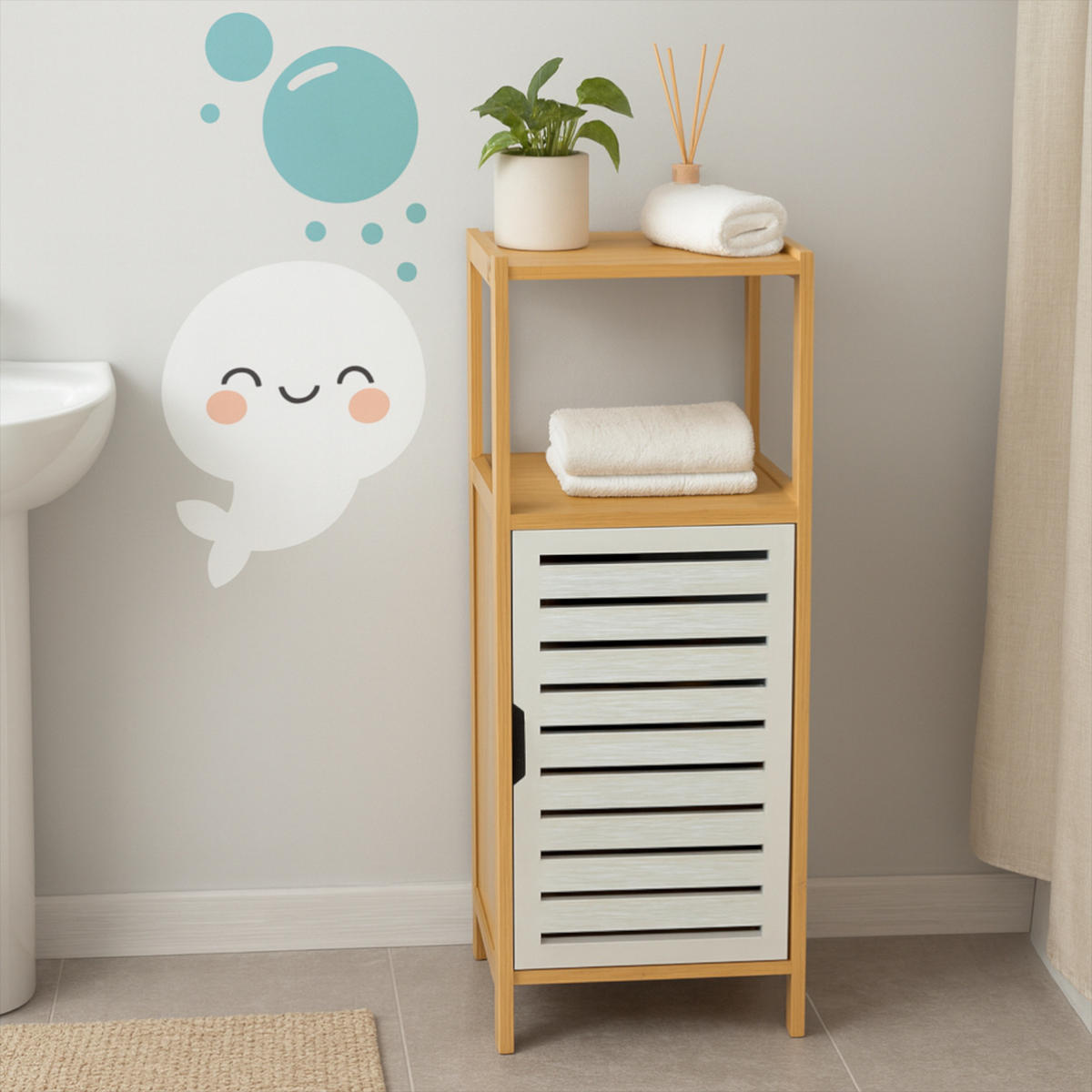 BADREGAL Bambus Weiß Naturfarben Schrank 89x30x30 cm - Naturfarben/Weiß, Holz (30/89/30cm) - Begryf