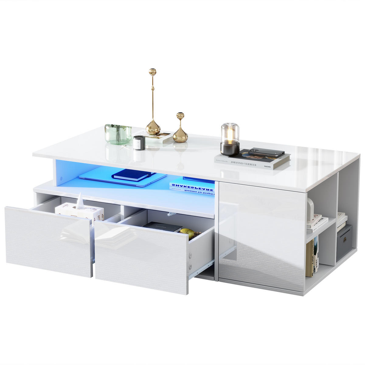 COUCHTISCH 100/50/35 cm Weiß mit 2 Schubladen und LED-Beleuchtung - Weiß, Holzwerkstoff (100/50/35cm) - OKWISH