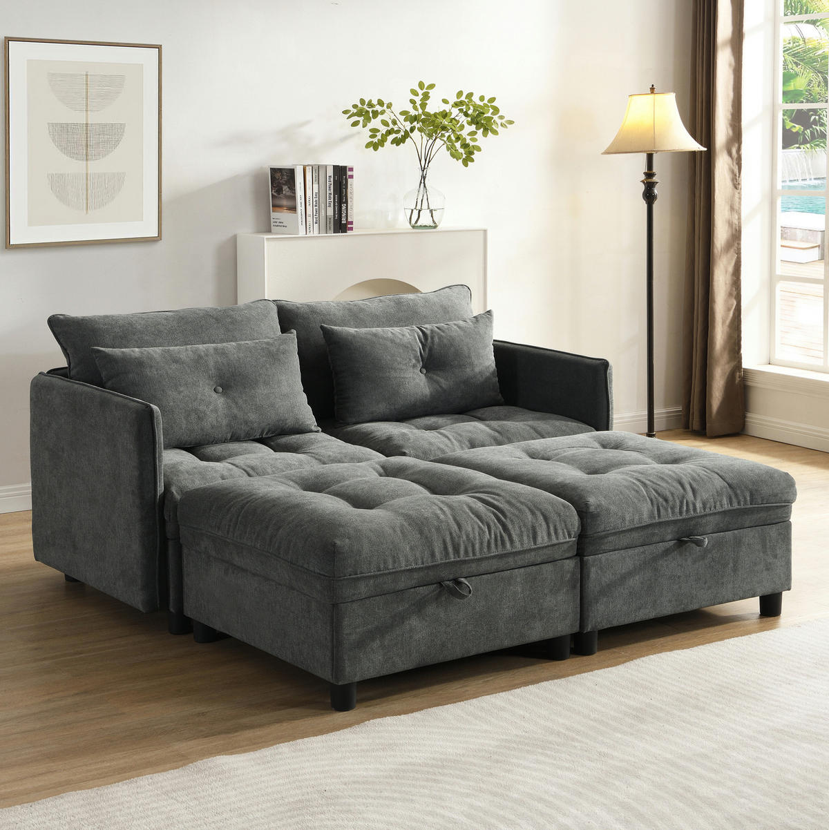 MODULÁRNA pohovka s poťahom chenille, 4-miestna, antique gray, s úložným priestorom a lôžkom,274/76/87 cm - tmavosivá, plast (274/87/76cm) - BEAOK