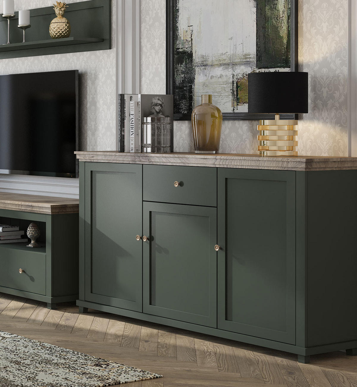 KOMMODE Elda Grün / Eiche Lefkas 160 / 42 / 93 cm - Grün, Holz/Holzwerkstoff (160/93/42cm) - Feldmann-Wohnen