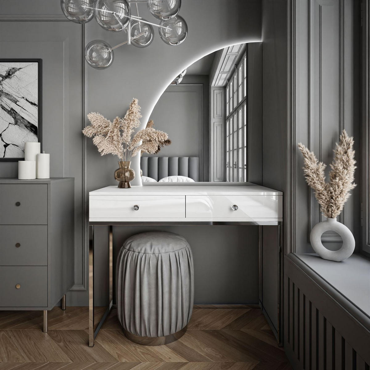 SCHMINKTISCH weiß QUINNIE GLAMOUR mit LED-Spiegel links Griff Kristall - Silberfarben/Weiß, Holzwerkstoff (100/176/42cm) - Lookway