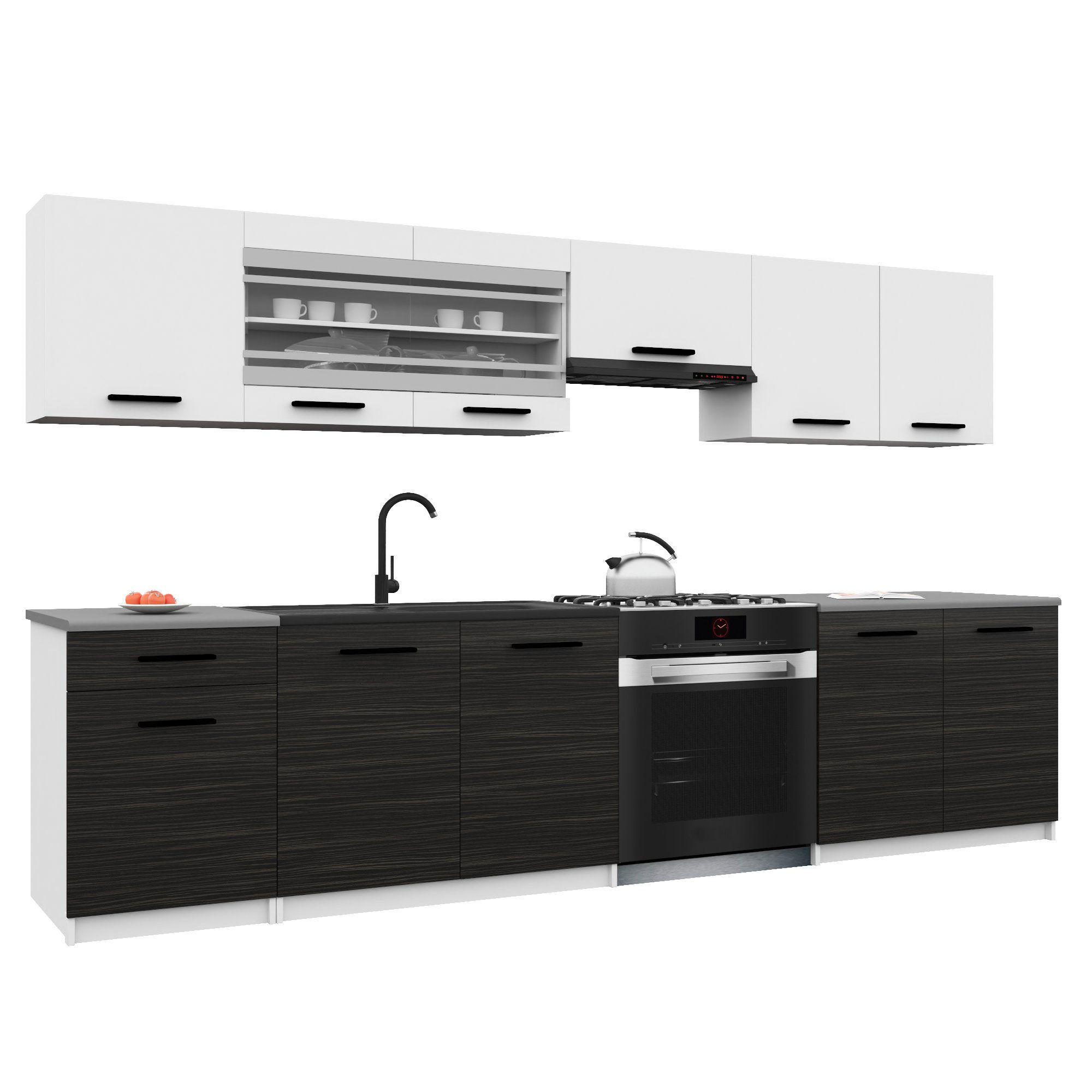 KÜCHENZEILE Italia 4 260 cm, mit Arbeitsplatten, Weiß-Ebenholz - Schwarz/Weiß, Holz (260/143/60cm) - B BELINI GROUP